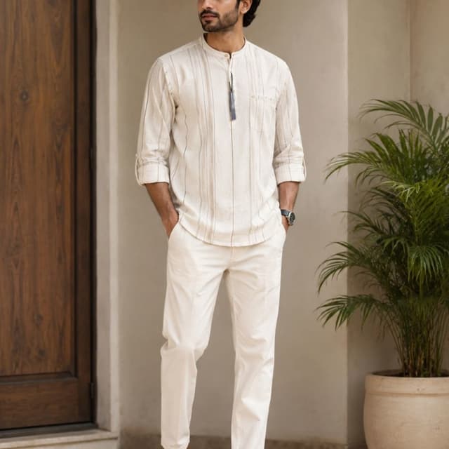 Off-white or cream base with subtle brown or grey vertical stripes Kurta with Trousers