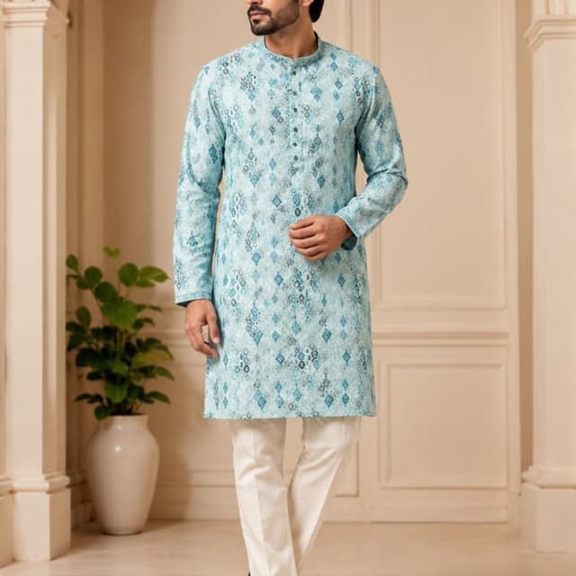 Light blue, teal, navy blue, and white Kurta