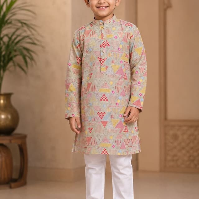 Light grey base with multicolor geometric print in red, yellow, and blue Kurta with trousers set