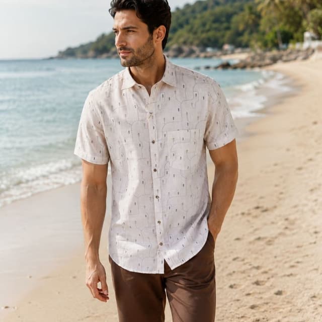 Beige and light brown base with dark grey print Short sleeve button-down shirt