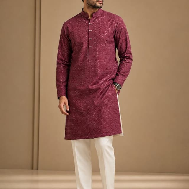 Deep maroon or burgundy with cream/off-white trousers Kurta with Trousers