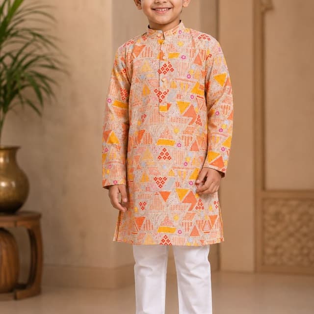 Beige, Yellow, Orange, and accents of White Kurta Pyjama Set
