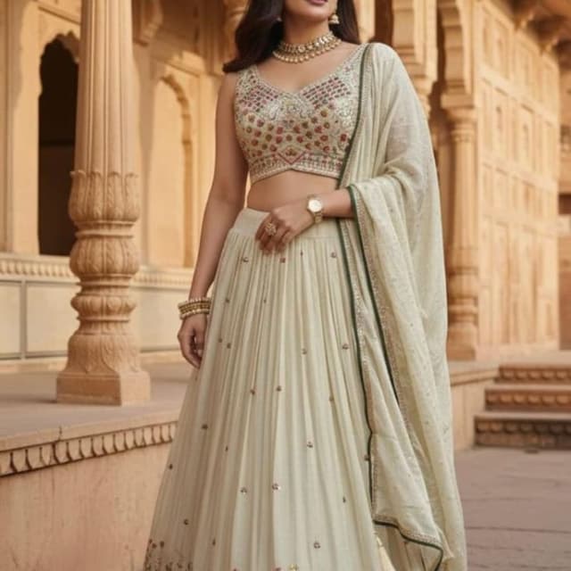 Off-white base with multicolor threadwork and deep green borders Lehenga Choli