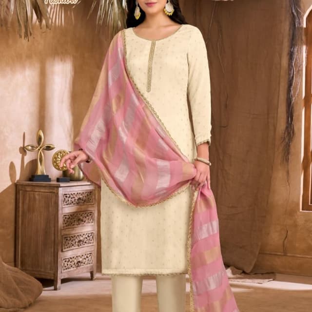 Off-white or cream base with light pink and metallic gold striped dupatta Salwar Kameez Set