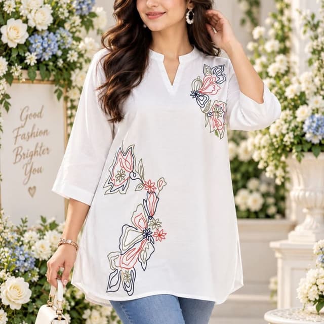 White base with multicolor floral embroidery (Red, Green, Blue) Kurti