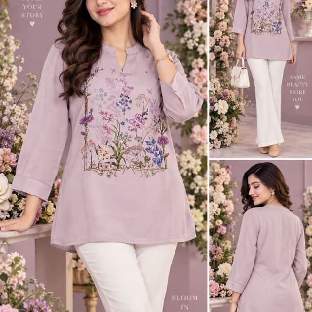 Lavender base with multi-colored floral embroidery and white trousers Kurti with trousers