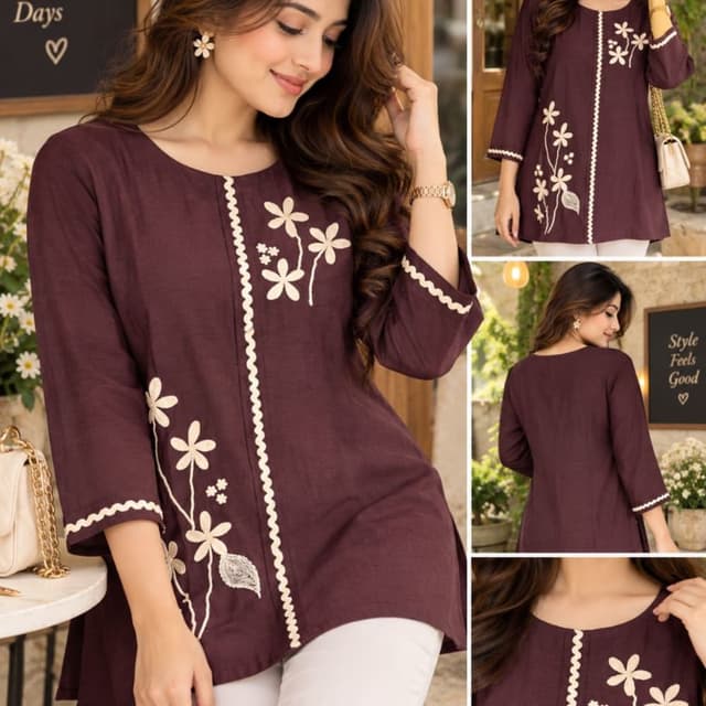 Deep maroon base with off-white/cream floral embroidery and piping Kurti