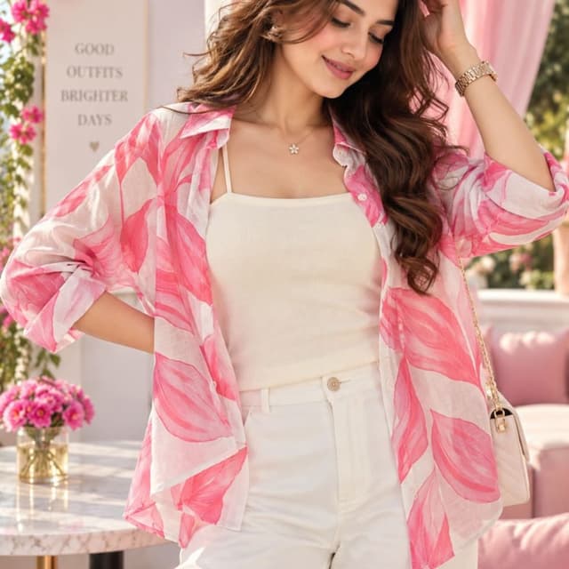 White and shades of pink Shirt layered over camisole