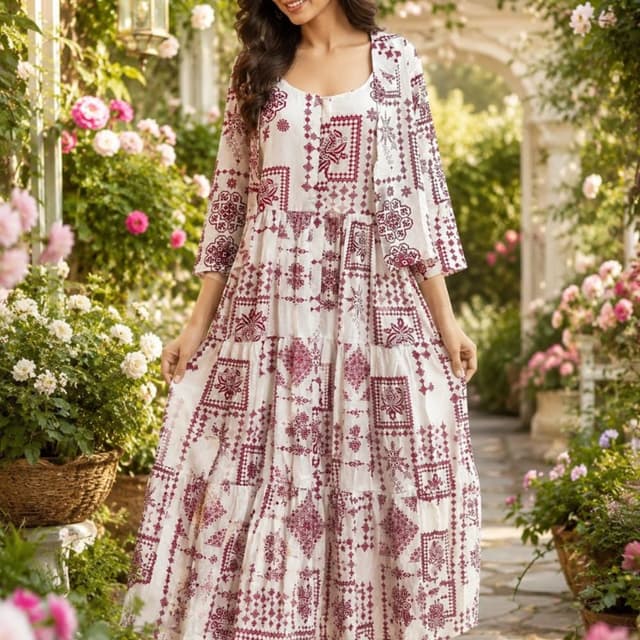 Off-white background with deep maroon or burgundy block print patterns Tiered Maxi Dress
