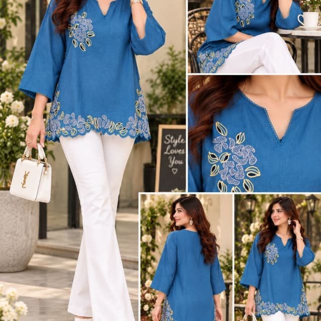 Blue, White, and Yellow accents Kurti with Trousers