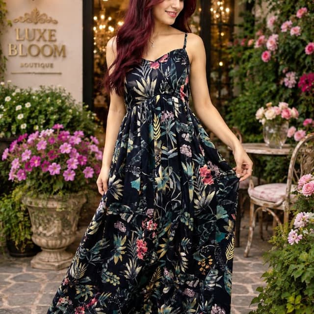 Navy blue base with floral accents in pink, yellow, green, and teal Dress