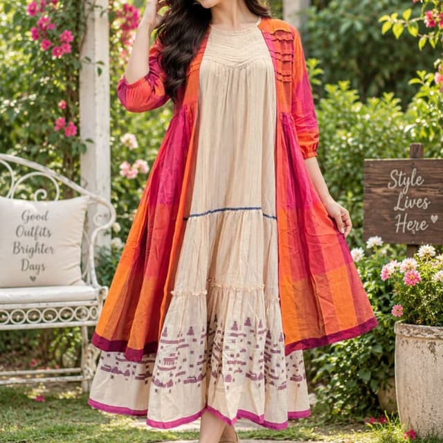 Beige, Orange, Hot Pink, Purple Tiered Anarkali Dress with Jacket layer