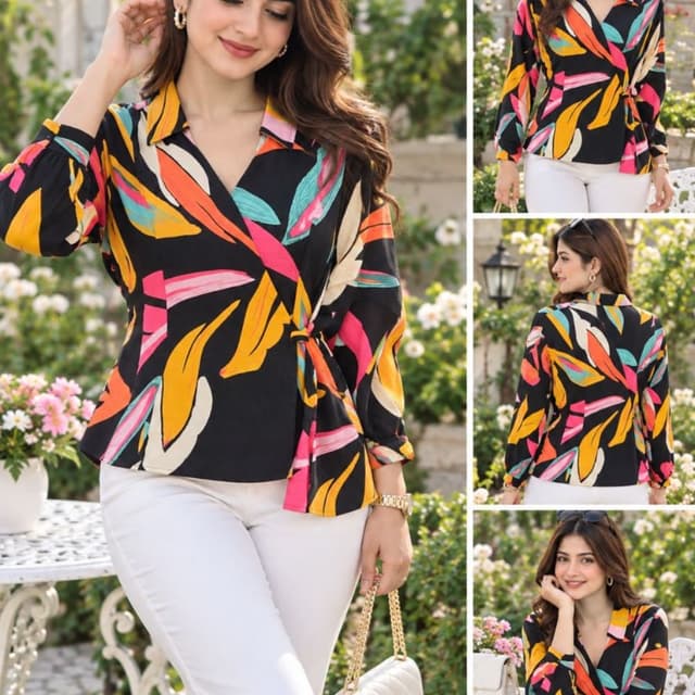 Black base with bold accents of yellow, orange, bright pink, and teal Wrap Top