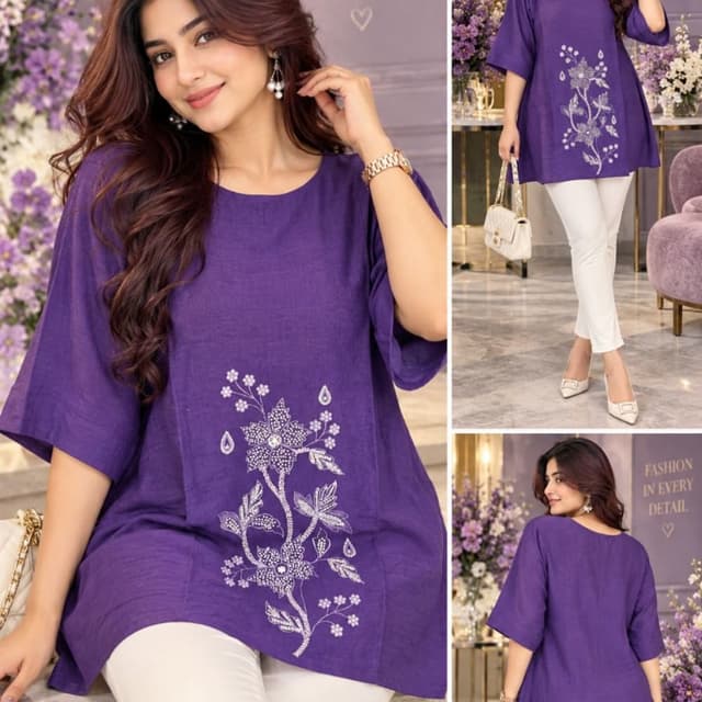 Deep purple tunic with white embroidery and white trousers Kurti with trousers