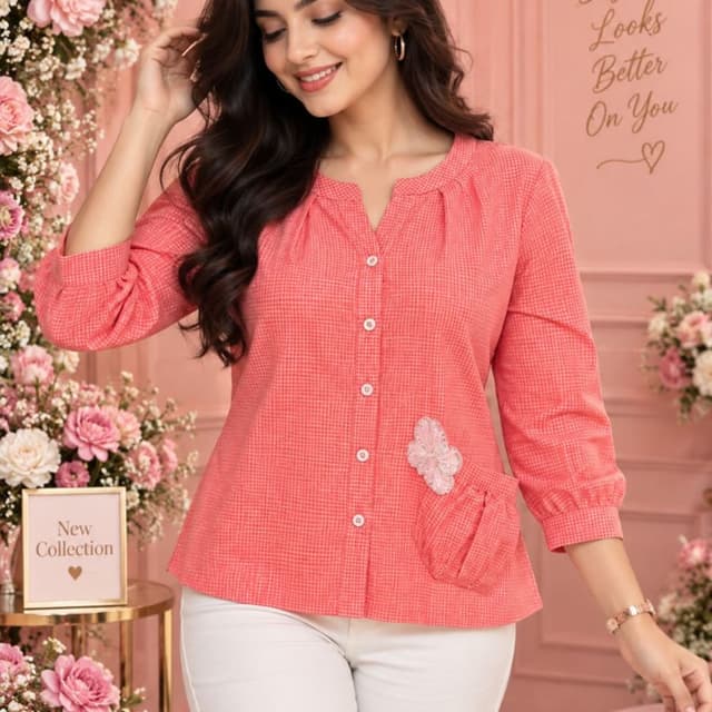 Coral, Peach, White Blouse
