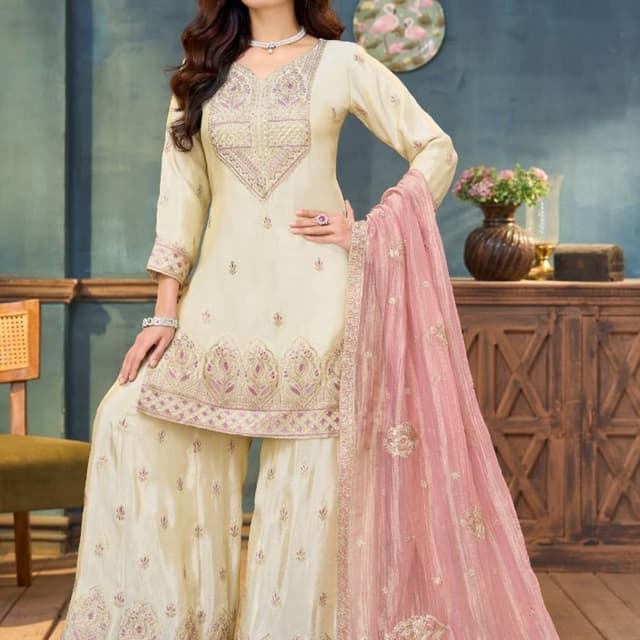 Cream base with pink and gold accents Sharara Suit