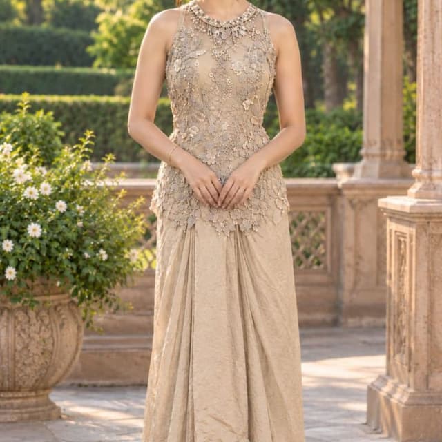 Beige, Champagne, Light Gold Lehenga Saree / Fusion Gown