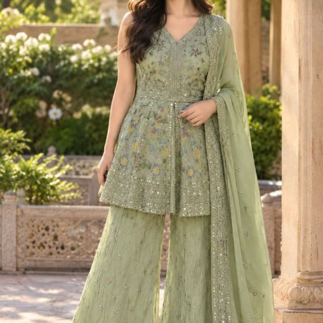 Sage green base with floral accents in lavender, yellow, and muted pinks Sharara Set
