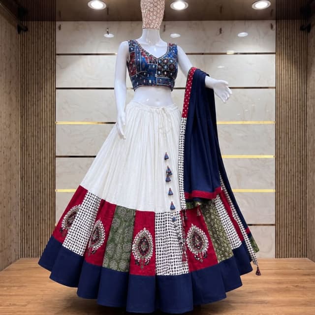 Off-white, Deep Blue, Maroon, Olive Green Lehenga Choli