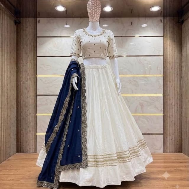 Off-white and Navy Blue Lehenga Choli