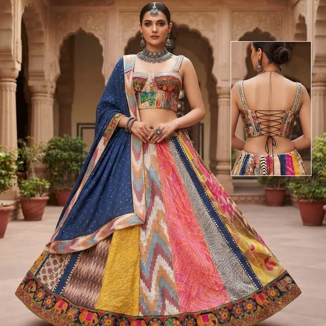 Multicolor with dominant navy blue, yellow, pink, and grey Lehenga Choli