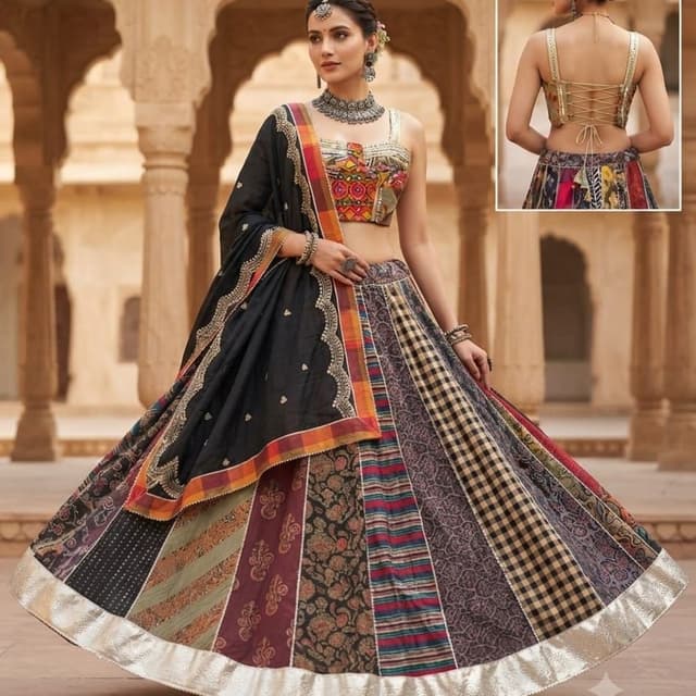 Black, maroon, olive, orange, yellow, and multi-colored accents Lehenga Choli