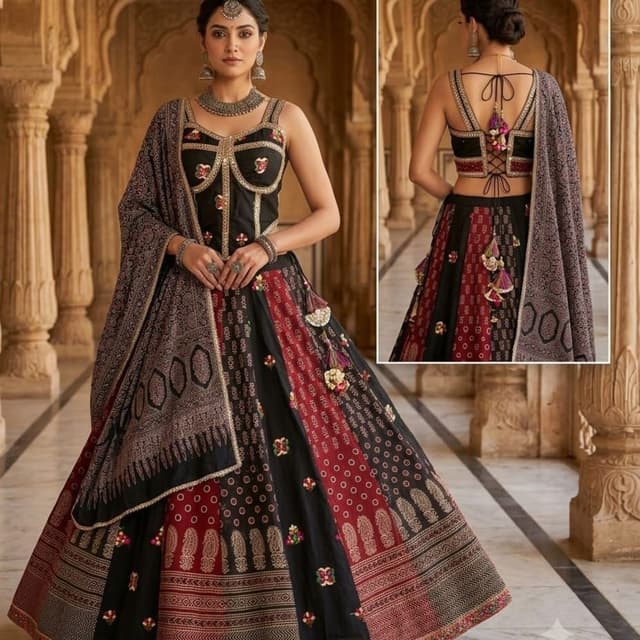 Black, Deep Red, Gold, Multi-colored accents Lehenga Choli