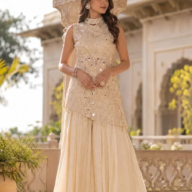 Beige, Off-white, Champagne Sharara Suit Set