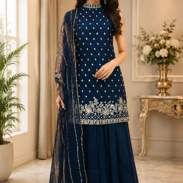 Navy Blue and Silver Sharara Set