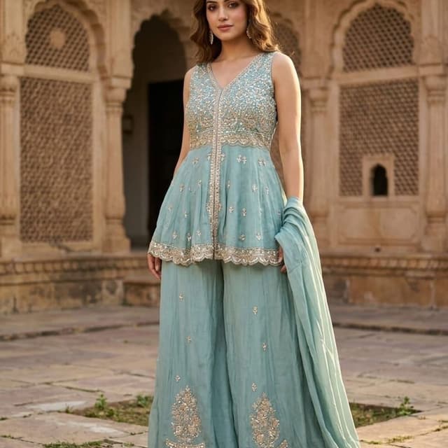 Pastel blue, silver, beige Sharara Set