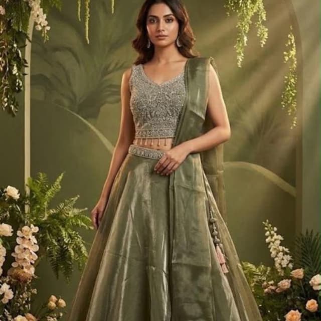 Olive Green, Silver, Metallic Grey Lehenga Choli