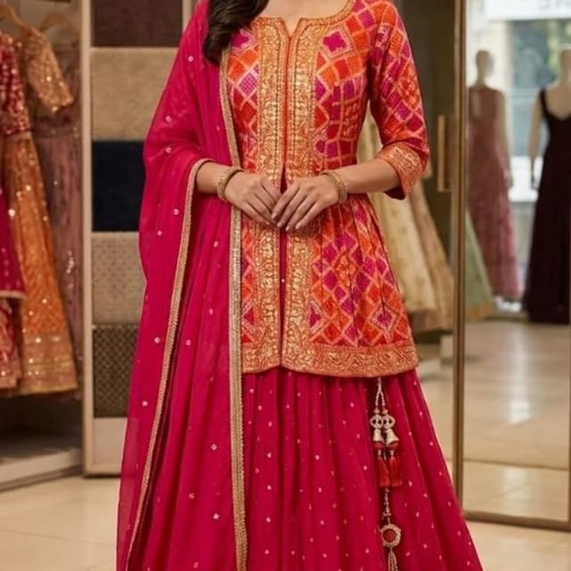 Magenta, Orange, Gold Lehenga Choli with Jacket
