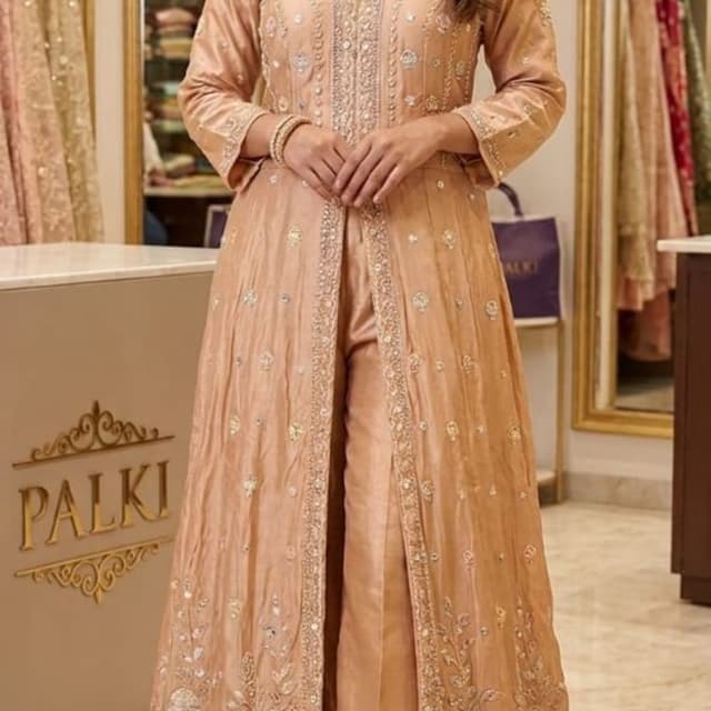 Peach, Champagne, Gold Indo-Western Set with Jacket and Pants