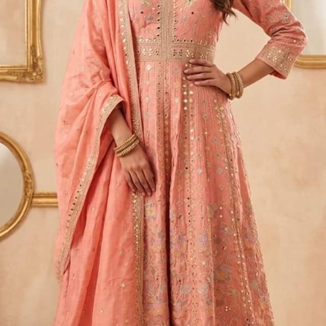 Peach, Gold, Subtle pastel multicolor embroidery Anarkali Suit Set (Kurta, Palazzo, Dupatta)