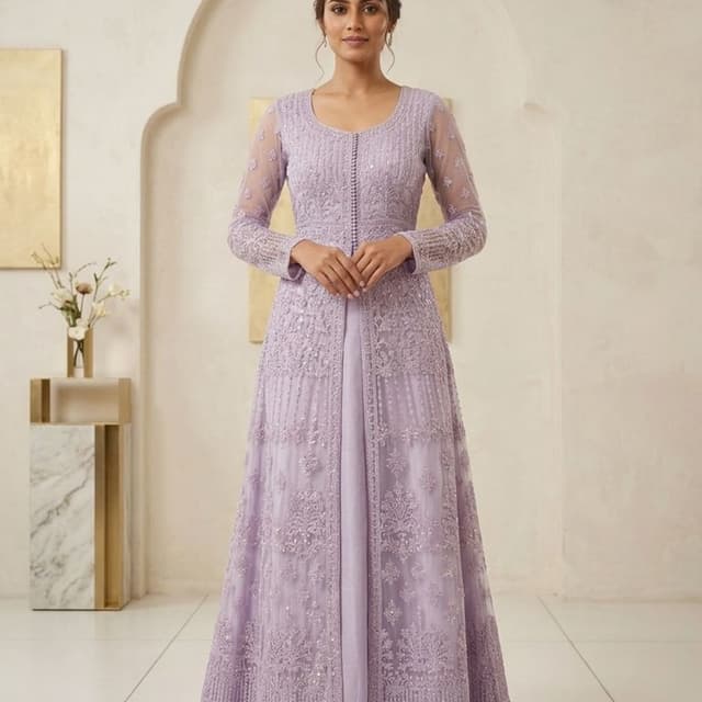 Lavender Anarkali suit with a front-slit overlay