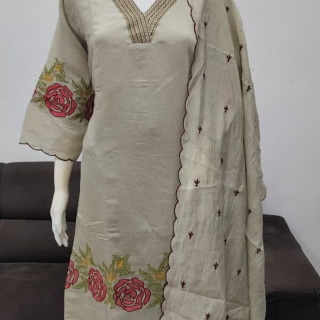 Beige base with pink, green, and dark brown accents Salwar Kameez Set