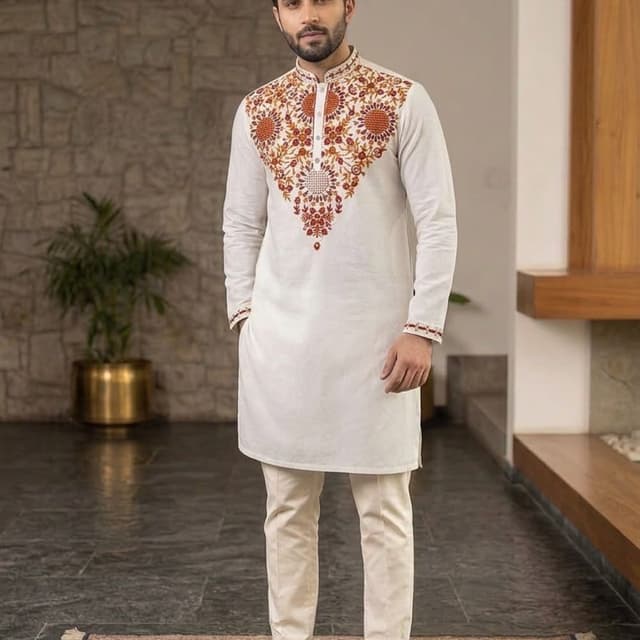 Off-white base with rust, orange, and maroon embroidery Kurta Pyjama Set