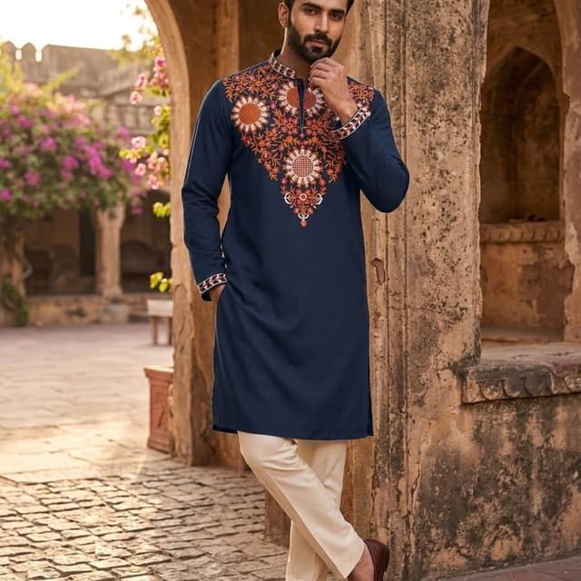 Navy Blue, Rust Orange, Cream, White Kurta