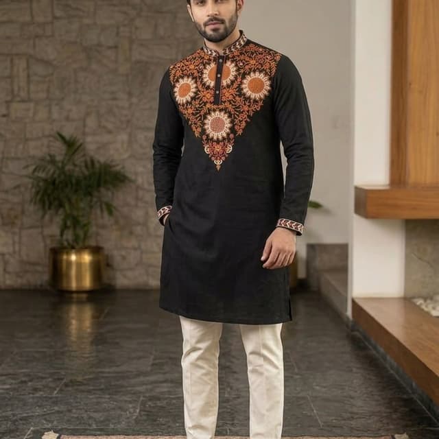 Black, burnt orange, off-white, and metallic highlights Kurta with Pajama