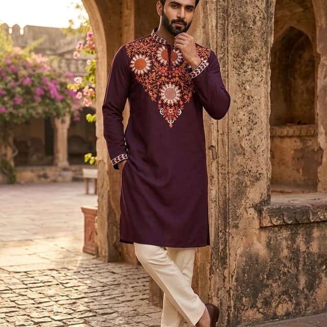 Deep plum purple, cream, accented with warm orange, copper, and white Kurta with Trousers