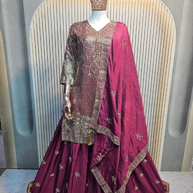 Deep magenta/plum with antique gold accents Lehenga Choli with Dupatta