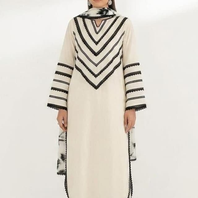 Off-white or cream with black accents Kurta set with dupatta