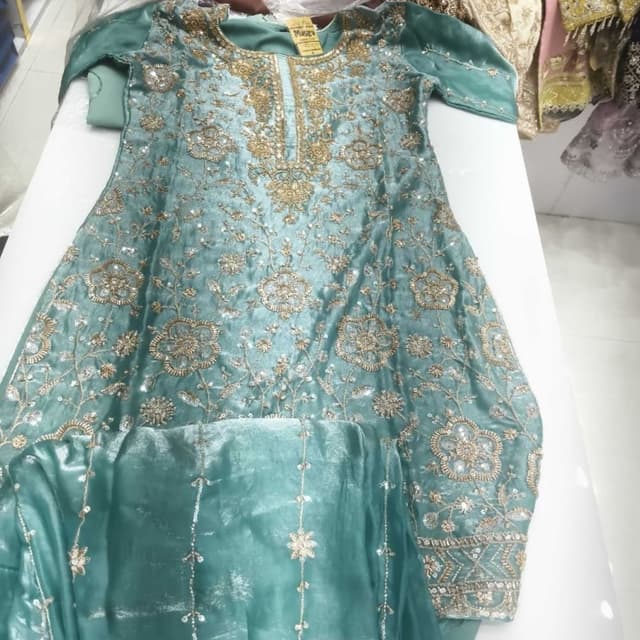 Seafoam green or turquoise base with gold metallic embroidery Kurta or Salwar Kameez top