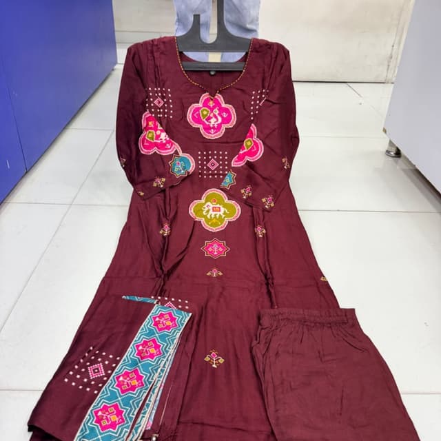 Maroon base with accents of pink, teal, white, and mustard yellow Kurta Set with Dupatta