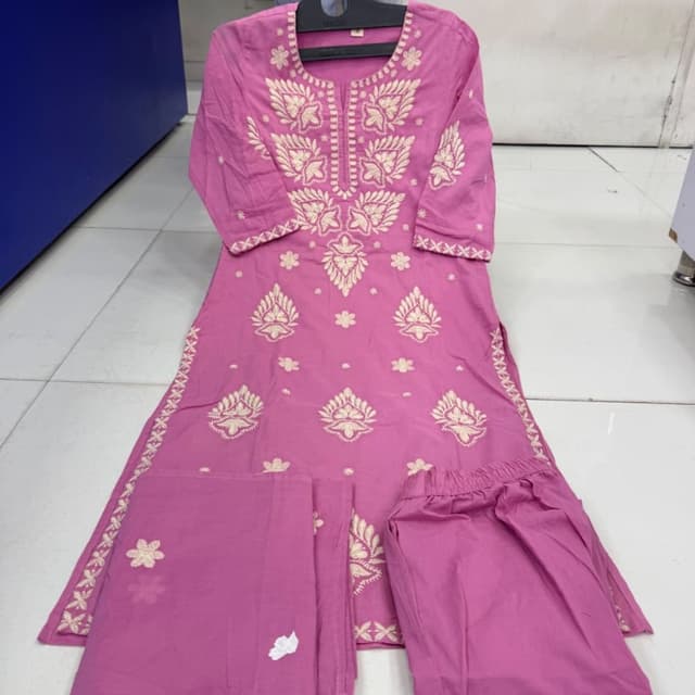 Pink with white embroidery Kurti with pants and dupatta