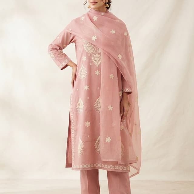 Dusty Pink, Off-White, Pastel Pink Kurta Set with Dupatta