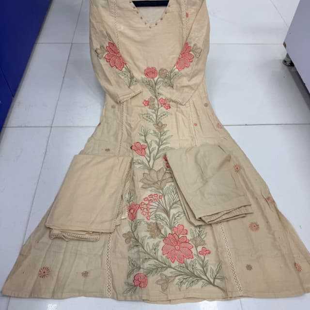 Beige base with coral pink and sage green floral embroidery Kurta Set