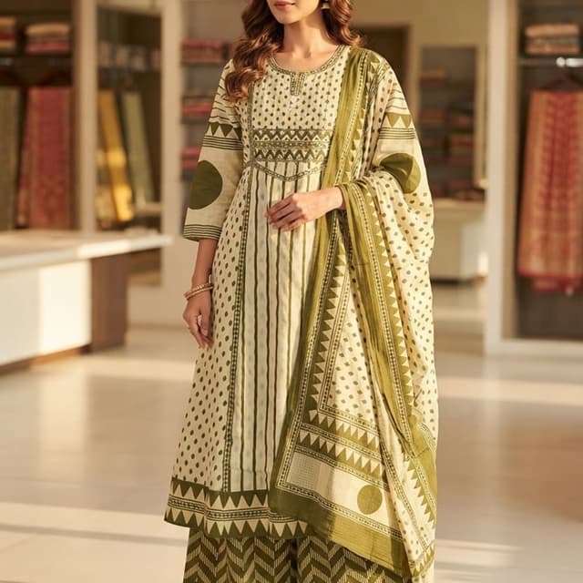 Off-white or cream base with olive green accents Salwar Suit Set (Kurta with Palazzo and Dupatta)