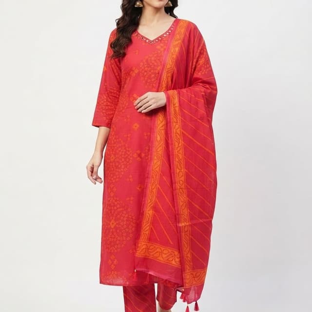 Red and Orange Kurta Set