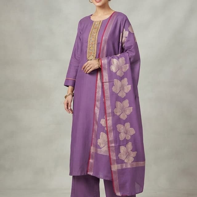 Deep purple base with gold, copper, and magenta accents Kurta Set with Dupatta